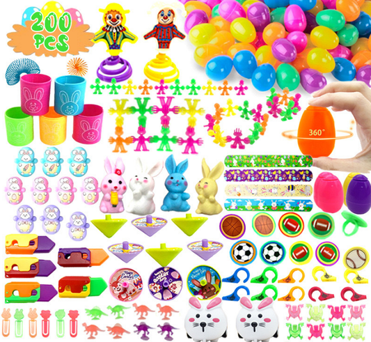 200 PCS Easter Party Favours Set with Plastic Eggs & Assorted Toys - Bulk Fillers for Kids Egg Hunts, Basket Stuffers & Classroom Rewards.
