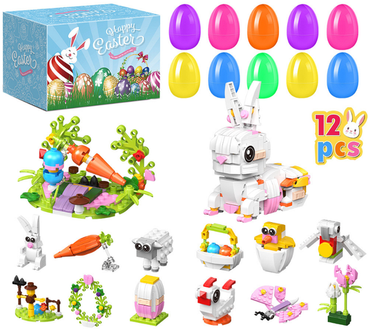 12 PCS Pre-filled Easter Eggs with Mini Building Block Toys - Creative Construction Figures (Bunny, Chick, Sheep) for Kids Egg Hunt, Party Favours & Basket Stuffers.