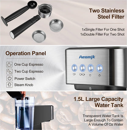 Premium Espresso Coffee Machine with Touch Control Panel & Steam Milk Frother 1050W Stainless Steel CM3010 (AU Plug)