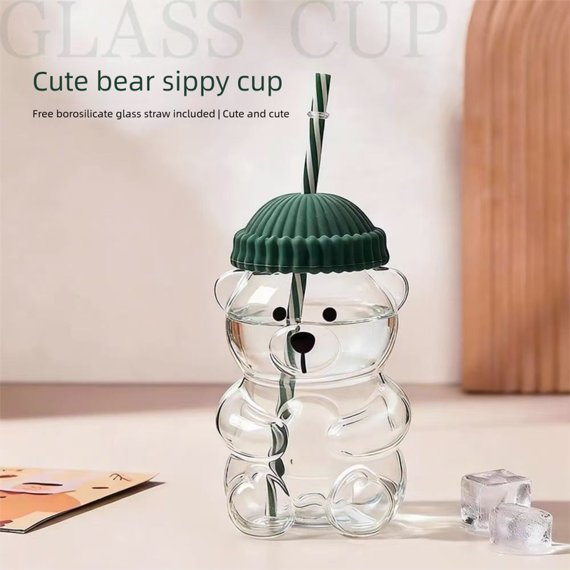 Creative Bear Shape Glass Water Bottle with Straw Cute Cartoon Coffee Cup and Cold Drink Tumbler – Yellow Hat Bear Edition