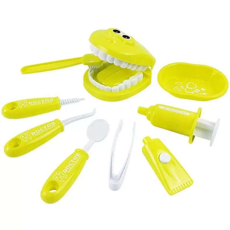 9 Piece Kids Dentist Pretend Play Set - Yellow Educational Medical Kit with Teeth Model, Toothbrush & Tools - Oral Hygiene Learning Toy for Toddlers & Preschoolers.