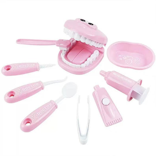 9 Piece Kids Dentist Pretend Play Set - Pink Educational Medical Kit with Teeth Model, Toothbrush & Tools - Oral Hygiene Learning Toy for Toddlers & Preschoolers.