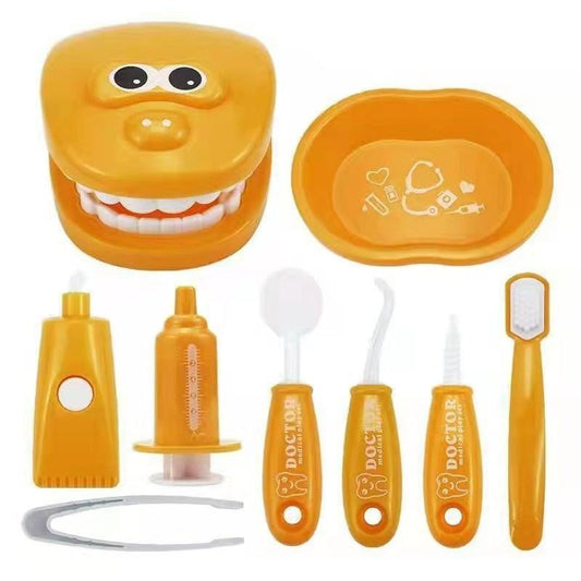 9 Piece Kids Dentist Pretend Play Set - Orange Educational Medical Kit with Teeth Model, Toothbrush & Tools - Oral Hygiene Learning Toy for Toddlers & Preschoolers.