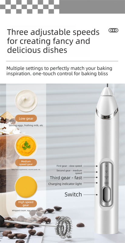 Rechargeable 3-in-1 Handheld Milk Frother Set - Electric Whisk with Egg Beater & Mixing Hook - 3 Speed Adjustable Foam Maker for Coffee, Lattes, Baking & Baby Food (White)