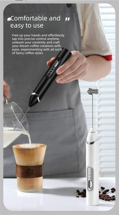 Rechargeable 3-in-1 Handheld Milk Frother Set - Electric Whisk with Egg Beater & Mixing Hook - 3 Speed Adjustable Foam Maker for Coffee, Lattes, Baking & Baby Food (White)
