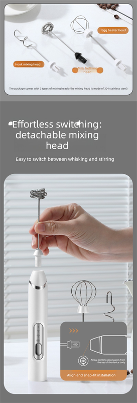 Rechargeable 3-in-1 Handheld Milk Frother Set - Electric Whisk with Egg Beater & Mixing Hook - 3 Speed Adjustable Foam Maker for Coffee, Lattes, Baking & Baby Food (White)