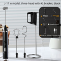 Rechargeable 3-in-1 Milk Frother Set with Metal Stand - Handheld Electric Whisk, Egg Beater & Mixing Hook - 3 Speed Foam Maker for Coffee, Lattes & Baking (Black)