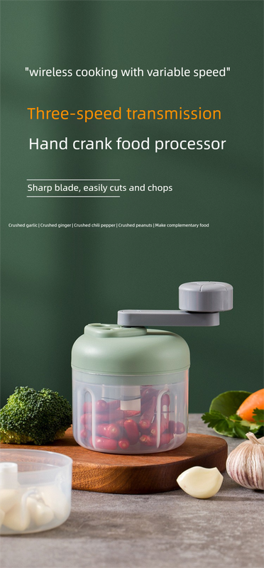 Manual Mini Garlic Chopper & Food Processor 100ml Portable 3-Speed Hand-Crank Mincer – White Edition