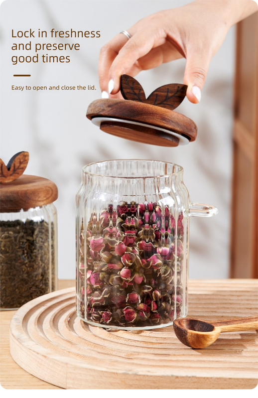 500ml Premium Borosilicate Glass Storage Jar with Acacia Wood Lid & Integrated Spoon – Airtight Moisture-Proof Kitchen Canister for Tea, Coffee, and Spices