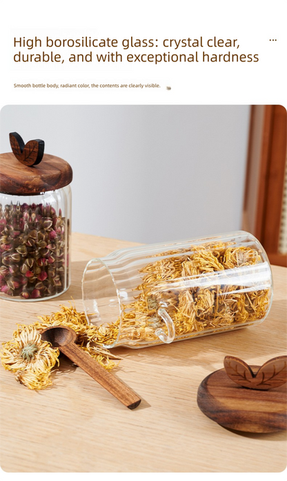 500ml Premium Borosilicate Glass Storage Jar with Acacia Wood Lid & Integrated Spoon – Airtight Moisture-Proof Kitchen Canister for Tea, Coffee, and Spices