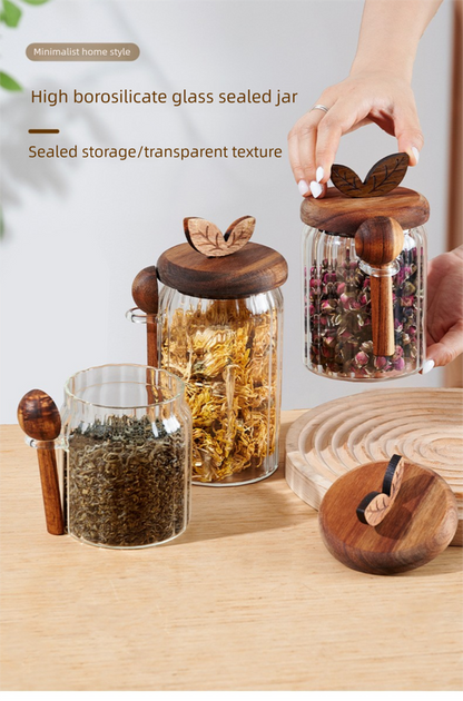 800ml Premium Borosilicate Glass Storage Jar with Acacia Wood Lid & Integrated Spoon – Airtight Moisture-Proof Kitchen Canister for Tea, Coffee, and Spices