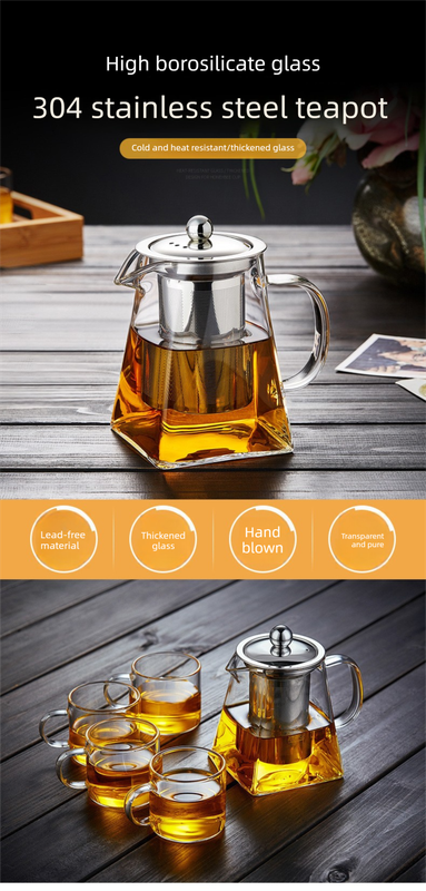 750ml Heat Resistant Glass Teapot with 304 Stainless Steel Infuser Thickened Square Base Loose Leaf Tea Maker for Home Office