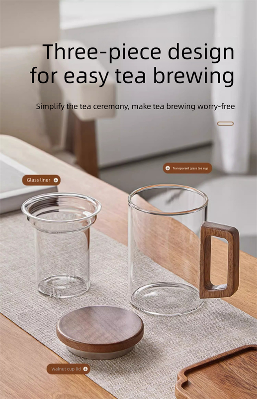 400ml Borosilicate Glass Tea Mug with Infuser and Walnut Wood Handle Clear Loose Leaf Teacup for Home Office