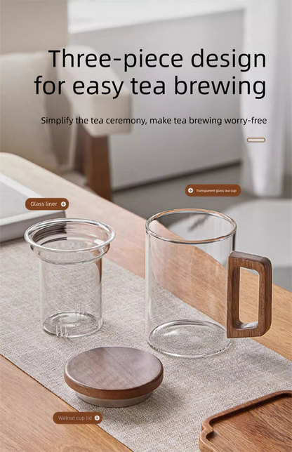 400ml Borosilicate Glass Tea Mug with Infuser and Walnut Wood Handle Clear Loose Leaf Teacup for Home Office