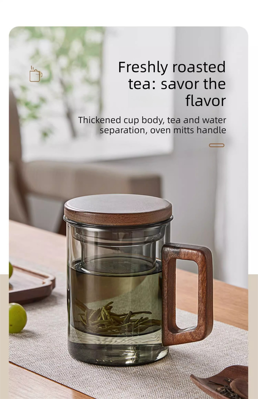 400ml Borosilicate Glass Tea Mug with Infuser and Walnut Wood Handle Clear Loose Leaf Teacup for Home Office