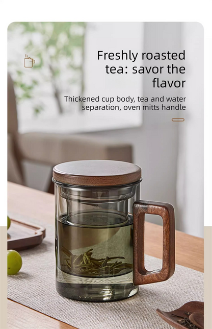 400ml Borosilicate Glass Tea Mug with Infuser and Walnut Wood Handle Clear Loose Leaf Teacup for Home Office