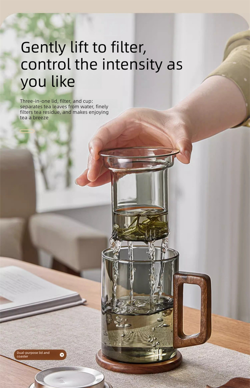400ml Borosilicate Glass Tea Mug with Infuser and Walnut Wood Handle Clear Loose Leaf Teacup for Home Office