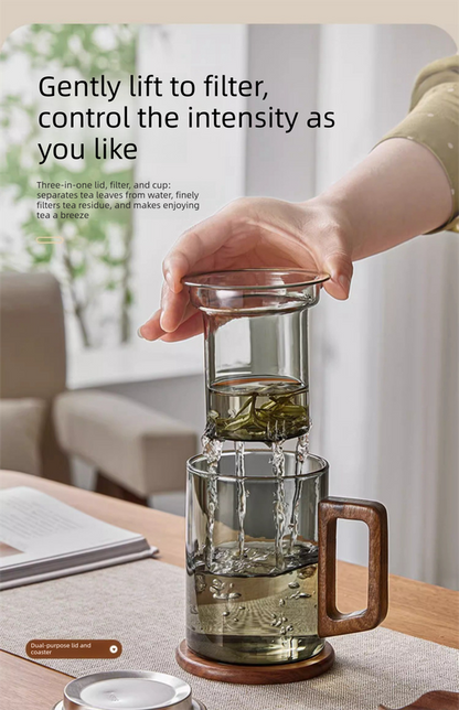 400ml Borosilicate Glass Tea Mug with Infuser and Walnut Wood Handle Clear Loose Leaf Teacup for Home Office