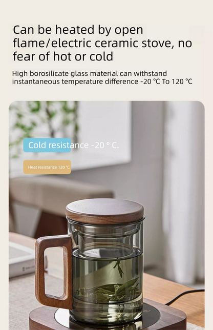 400ml Borosilicate Glass Tea Mug with Infuser and Walnut Wood Handle Clear Loose Leaf Teacup for Home Office