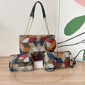 4-PCS Plaid Contrast-Color Handbag Set - Large Capacity PU Leather Shoulder Bag with Secure Zipper & Buckle Closure, Stylish Strap & Charms(Brown & Blue)