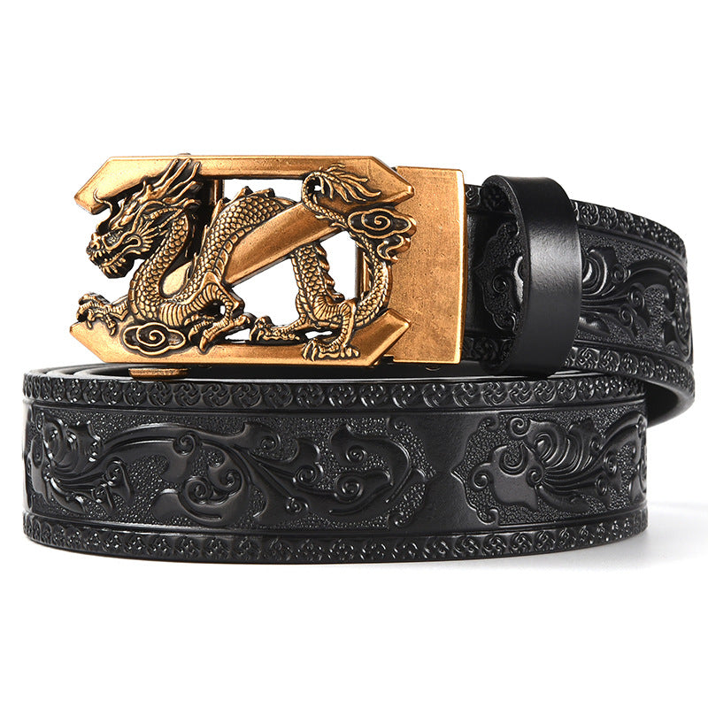 Black 120CM Men's Genuine Cowhide Vintage Carved Belt with Sliver Dragon Design Automatic Sliding Buckle