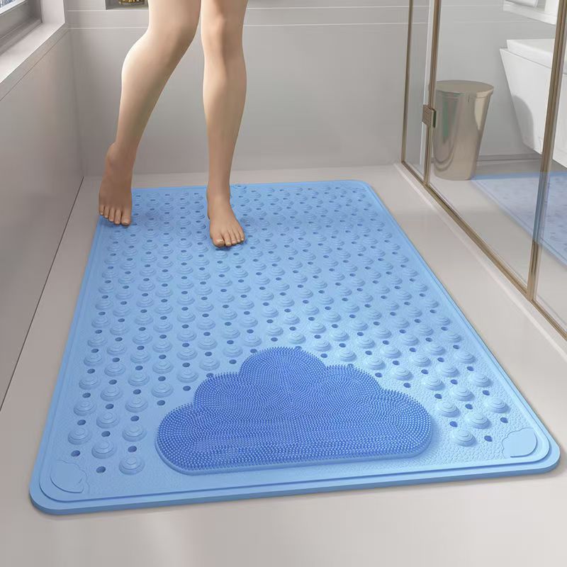 Blue Eco-Friendly Bath Mat with Massage Points - Anti-Slip Suction Cup Safety Bathroom Rug (L Size 86.5X53x2 CM)