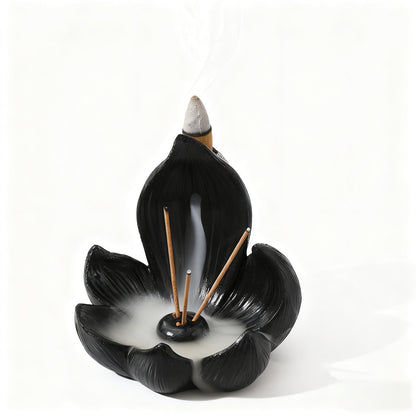 Black Zen Lotus Waterfall Backflow Aroma Diffuser - Premium Elegant Resin Craft for Meditation & Yoga, 10cm Compact Design