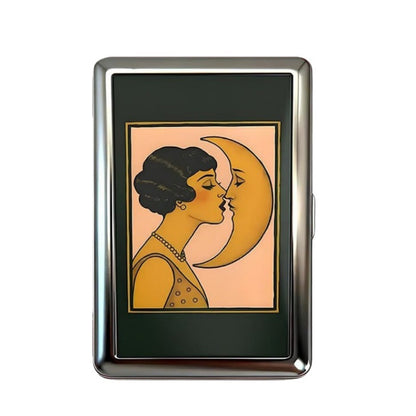 Retro Metal Card Cash & Cigarette Case with Fixed Clip - Moon Kiss Artistic Slim Wallet (10.3X6X2cm)