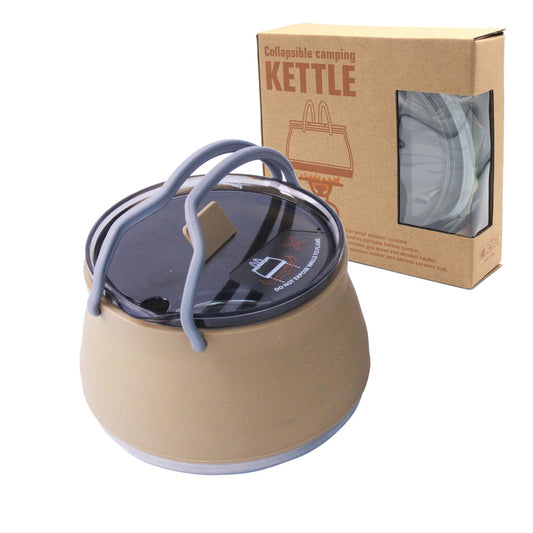 Khaki 1L Portable Collapsible Camping Kettle - Food-Grade Silicone Body with 304 Stainless Steel Base, Compatible with Induction & Gas Stoves.