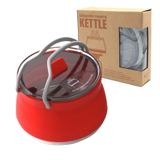Red 1L Portable Collapsible Camping Kettle - Food-Grade Silicone Body with 304 Stainless Steel Base, Compatible with Induction & Gas Stoves.