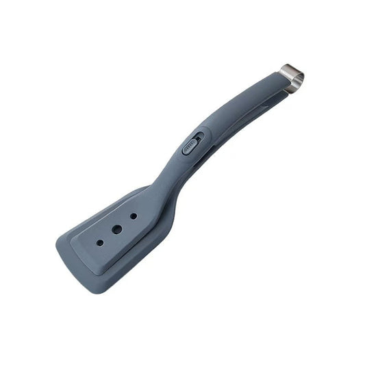 2-in-1 Grey Silicone Spatula Tongs with Locking Clip & Oil Drainage - Non-Stick Heat Resistant Food Flipper & Kitchen Clamp