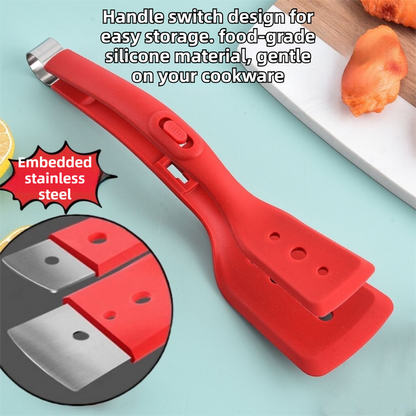 2-in-1 Grey Silicone Spatula Tongs with Locking Clip & Oil Drainage - Non-Stick Heat Resistant Food Flipper & Kitchen Clamp