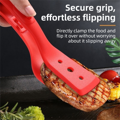 2-in-1 Grey Silicone Spatula Tongs with Locking Clip & Oil Drainage - Non-Stick Heat Resistant Food Flipper & Kitchen Clamp