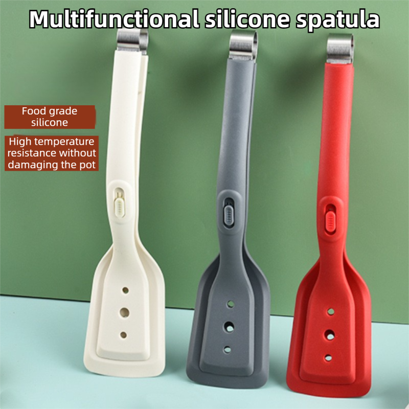 2-in-1 White Silicone Spatula Tongs with Locking Clip & Oil Drainage - Non-Stick Heat Resistant Food Flipper & Kitchen Clamp