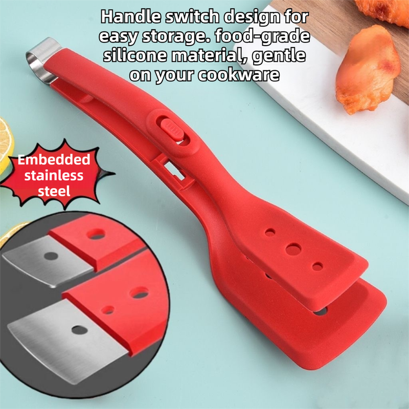 2-in-1 White Silicone Spatula Tongs with Locking Clip & Oil Drainage - Non-Stick Heat Resistant Food Flipper & Kitchen Clamp