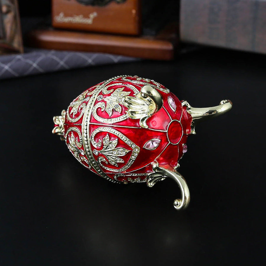 Blue Vintage European Rhinestone Inlaid Embossed Enameled Jewelry Box - Hand-Painted Easter Egg Metal Craft