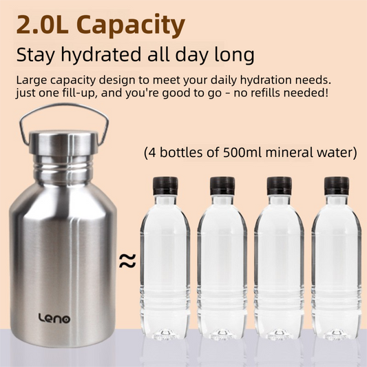2L Large Capacity Outdoor Sports Adventure Water Bottle - Food-Grade 304 Stainless Steel with Portable Handle & 7cm Wide Mouth.