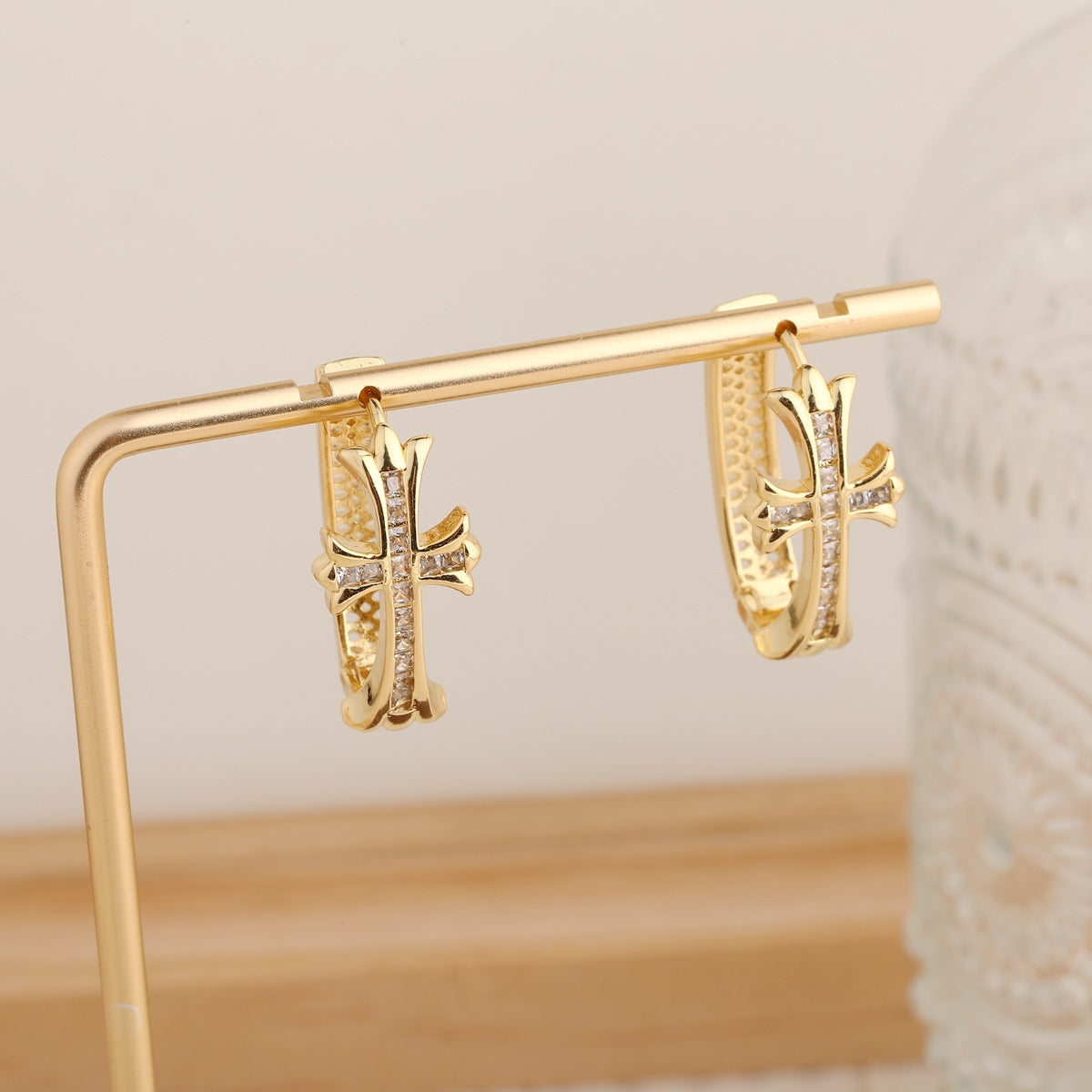 1-Pair Gold Sparkling Iced Out Rhinestone Cross Hoop Earrings - Punk Elegance Ear Buckle for Women