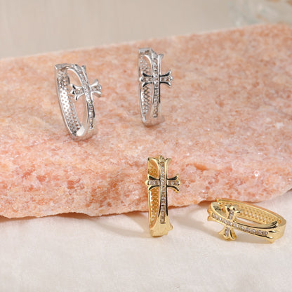 1-Pair Sliver Sparkling Iced Out Rhinestone Cross Hoop Earrings - Punk Elegance Ear Buckle for Women