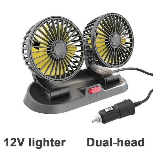 3-in-1 Powerful Car Dual Head Fan (12V Lighter Power) - Quiet Cooling Fan Integrated Aromatherapy & Number Plate, with 360Â° Rotation & 130cm Long Cord.