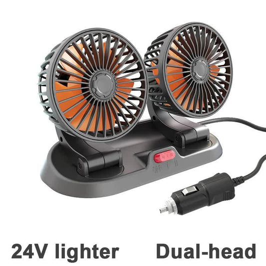 3-in-1 Powerful Car Dual Head Fan (24V Lighter Power) - Quiet Cooling Fan Integrated Aromatherapy & Number Plate, with 360Â° Rotation & 130cm Long Cord.