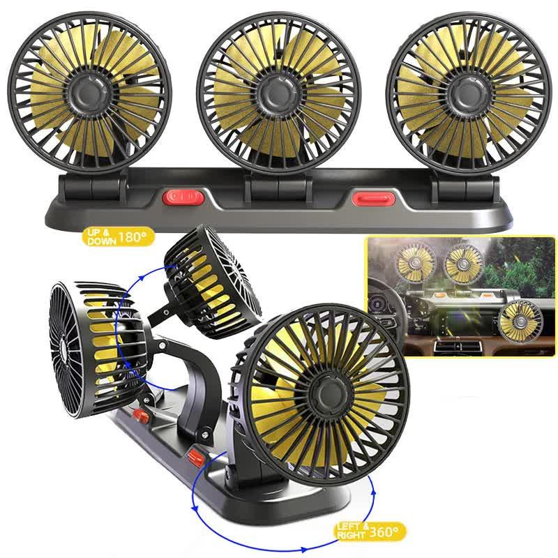 3-in-1 Powerful Car Triple Head Fan (USB Power) - Quiet Cooling Fan Integrated Aromatherapy & Number Plate, with 360Â° Rotation & 130cm Long Cord.