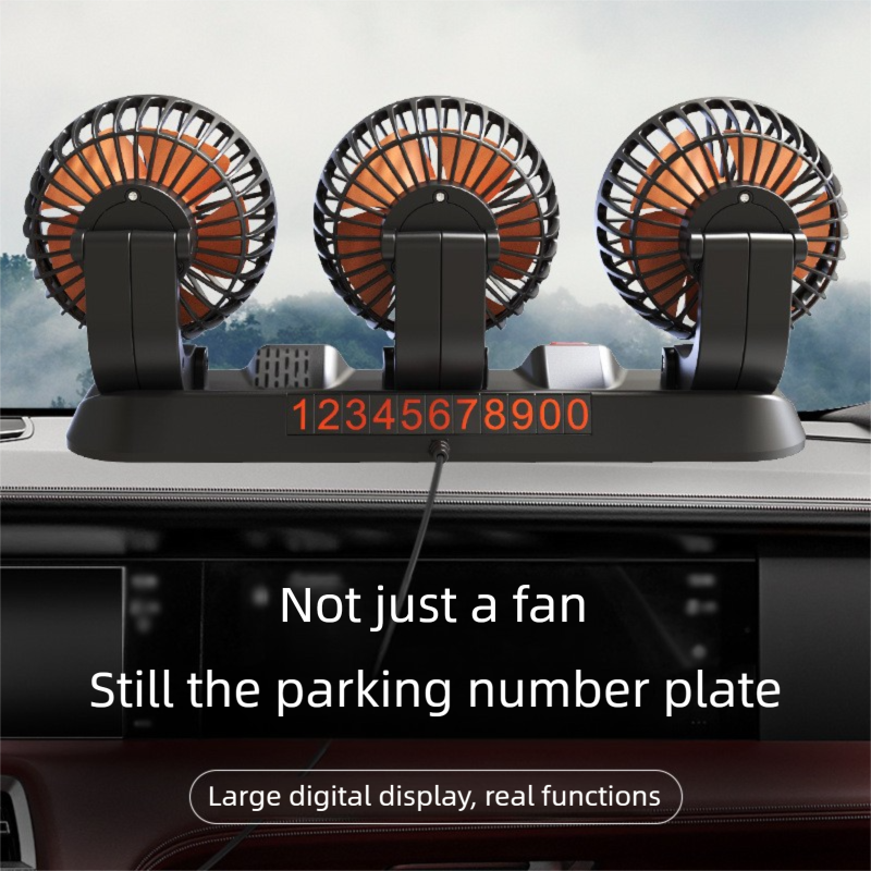 3-in-1 Powerful Car Triple Head Fan (USB Power) - Quiet Cooling Fan Integrated Aromatherapy & Number Plate, with 360Â° Rotation & 130cm Long Cord.