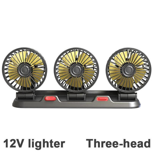 3-in-1 Powerful Car Triple Head Fan (12V Lighter Power) - Quiet Cooling Fan Integrated Aromatherapy & Number Plate, with 360Â° Rotation & 130cm Long Cord.