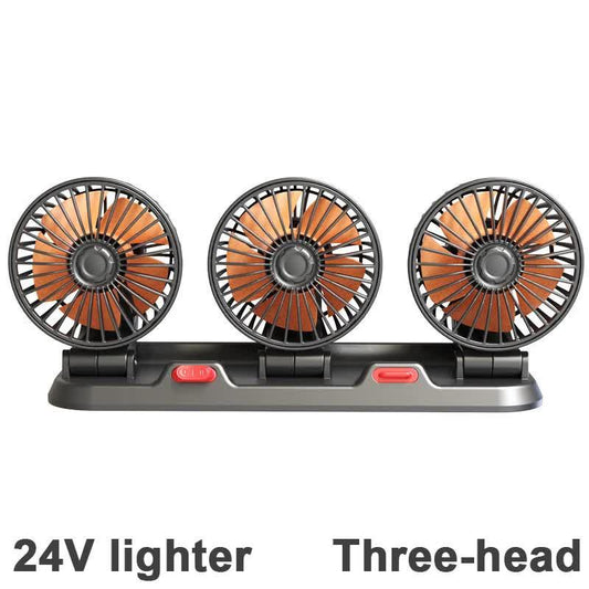 3-in-1 Powerful Car Triple Head Fan (24V Lighter Power) - Quiet Cooling Fan Integrated Aromatherapy & Number Plate, with 360Â° Rotation & 130cm Long Cord.