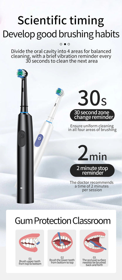 White Rotating Round Head Electric Toothbrush Kit with 4 Heads, Case & Stand - 3D Oscillating Mechanical Cleaning for Deep Plaque Removal