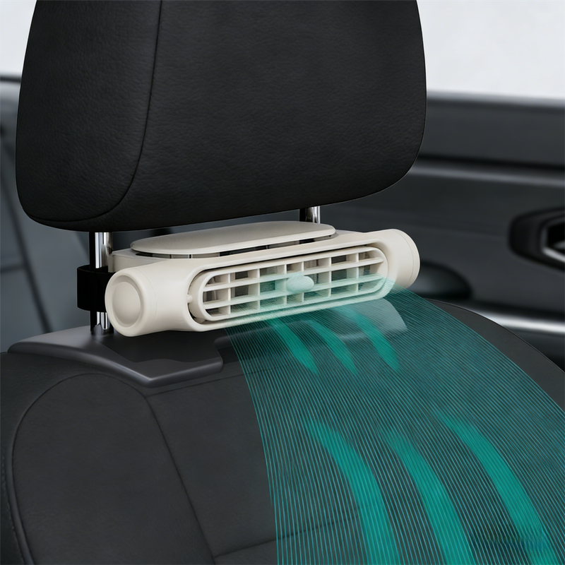 Beige Cordless Dual-Turbo Car Seat Cooling Fan with Velcro Mount - Powerful 3-Speed Backrest Ventilation, Adjustable Airflow Angle & Hair-Safe Design.
