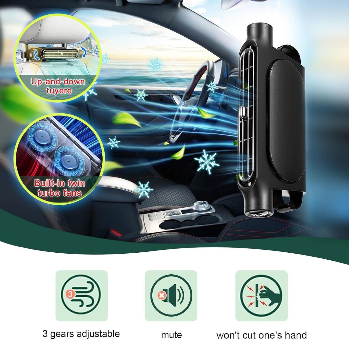 Beige Cordless Dual-Turbo Car Seat Cooling Fan with Velcro Mount - Powerful 3-Speed Backrest Ventilation, Adjustable Airflow Angle & Hair-Safe Design.