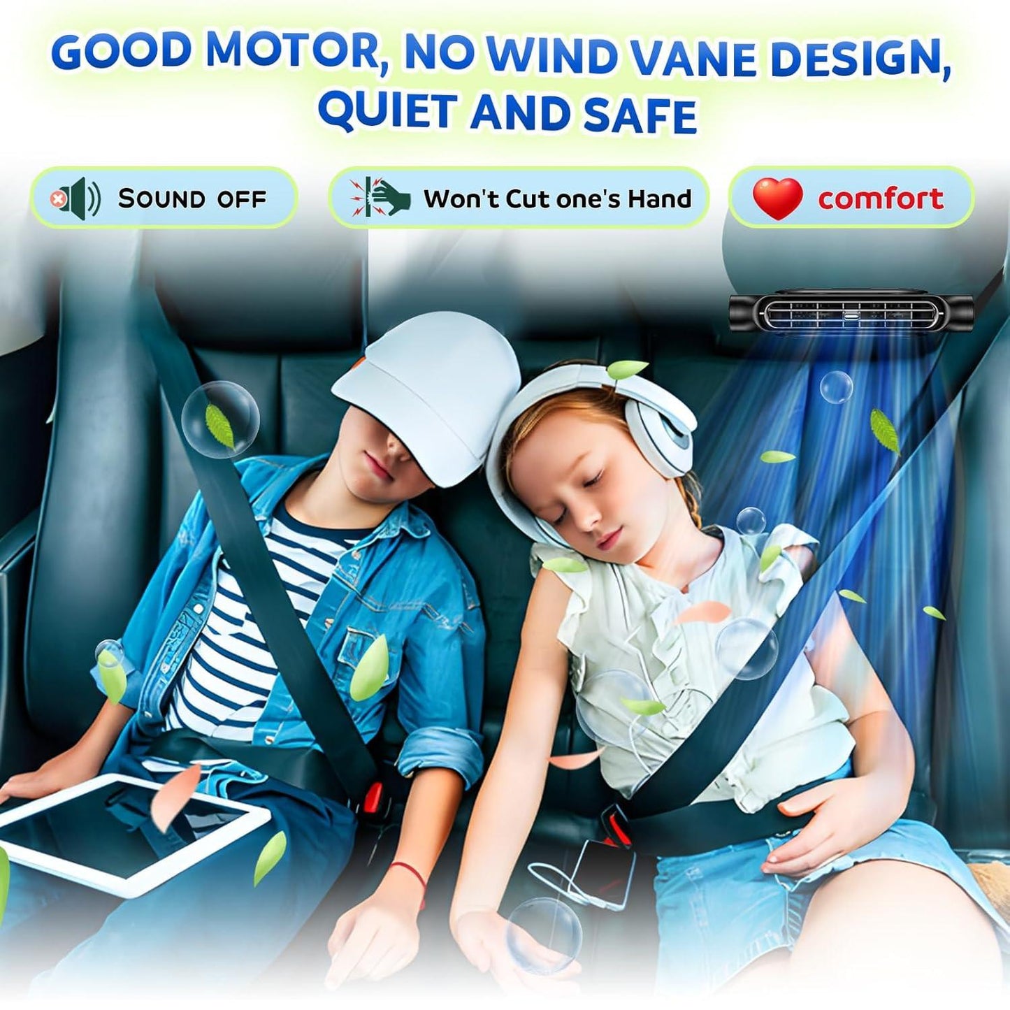 Beige Cordless Dual-Turbo Car Seat Cooling Fan with Velcro Mount - Powerful 3-Speed Backrest Ventilation, Adjustable Airflow Angle & Hair-Safe Design.