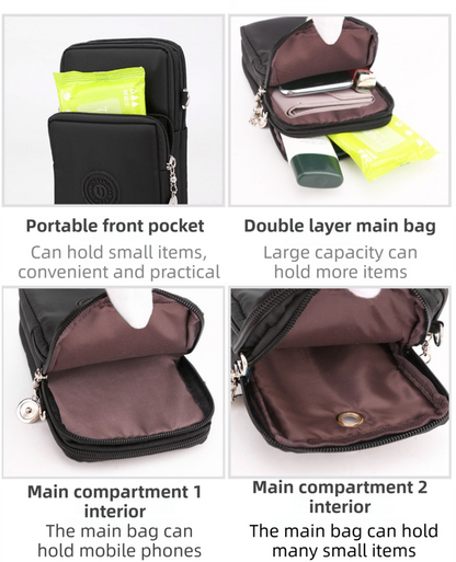 Dark Blue 3-Layer Waterproof Nylon Vertical Crossbody Phone Bag -  Lightweight Phone Purse with Headphone Jack & Adjustable Strap